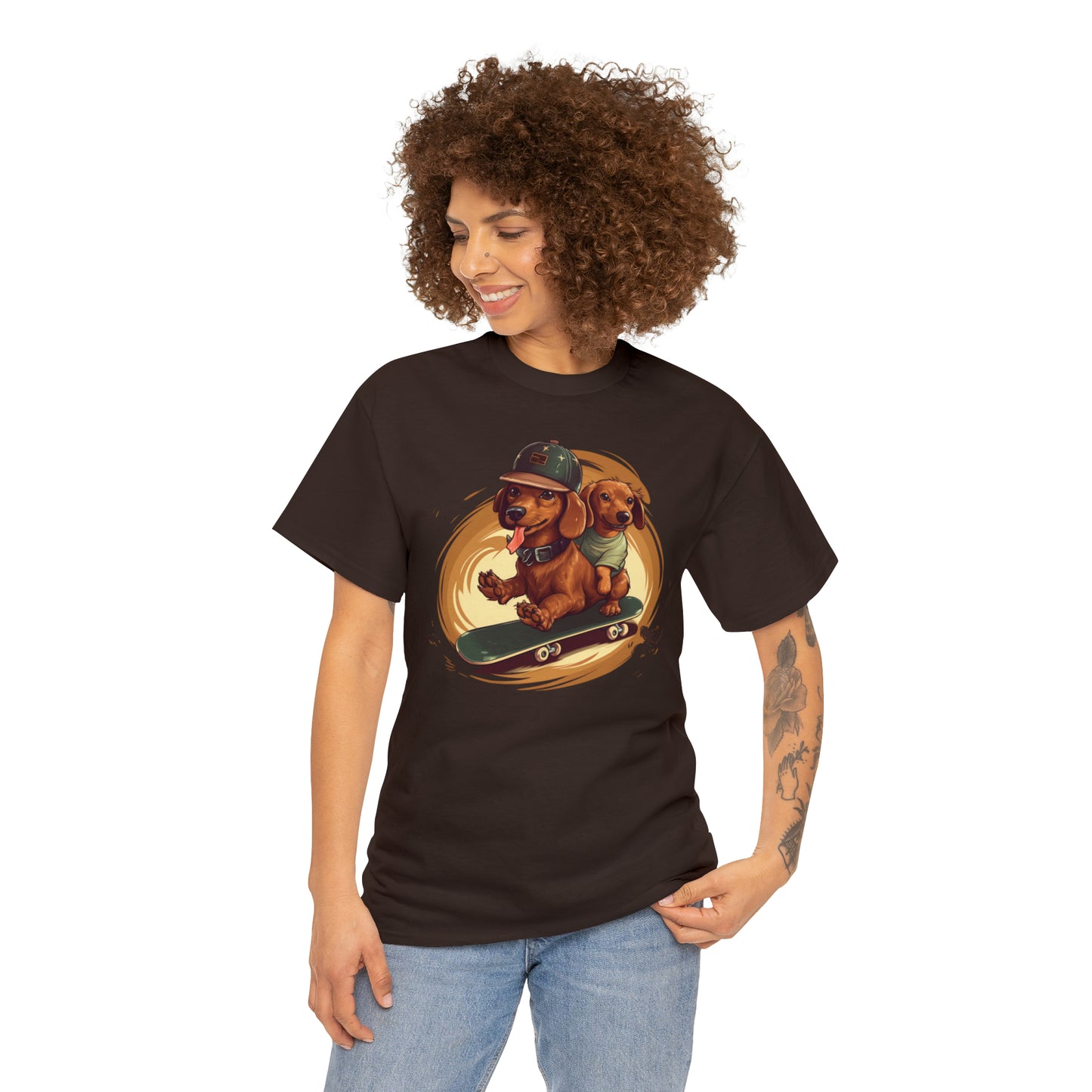 Skateboarding Dachshunds Brown Tee